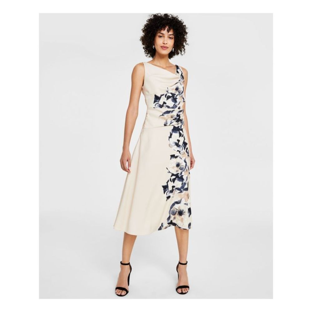 Dkny Cream Midi Dress with Navy Floral Accent